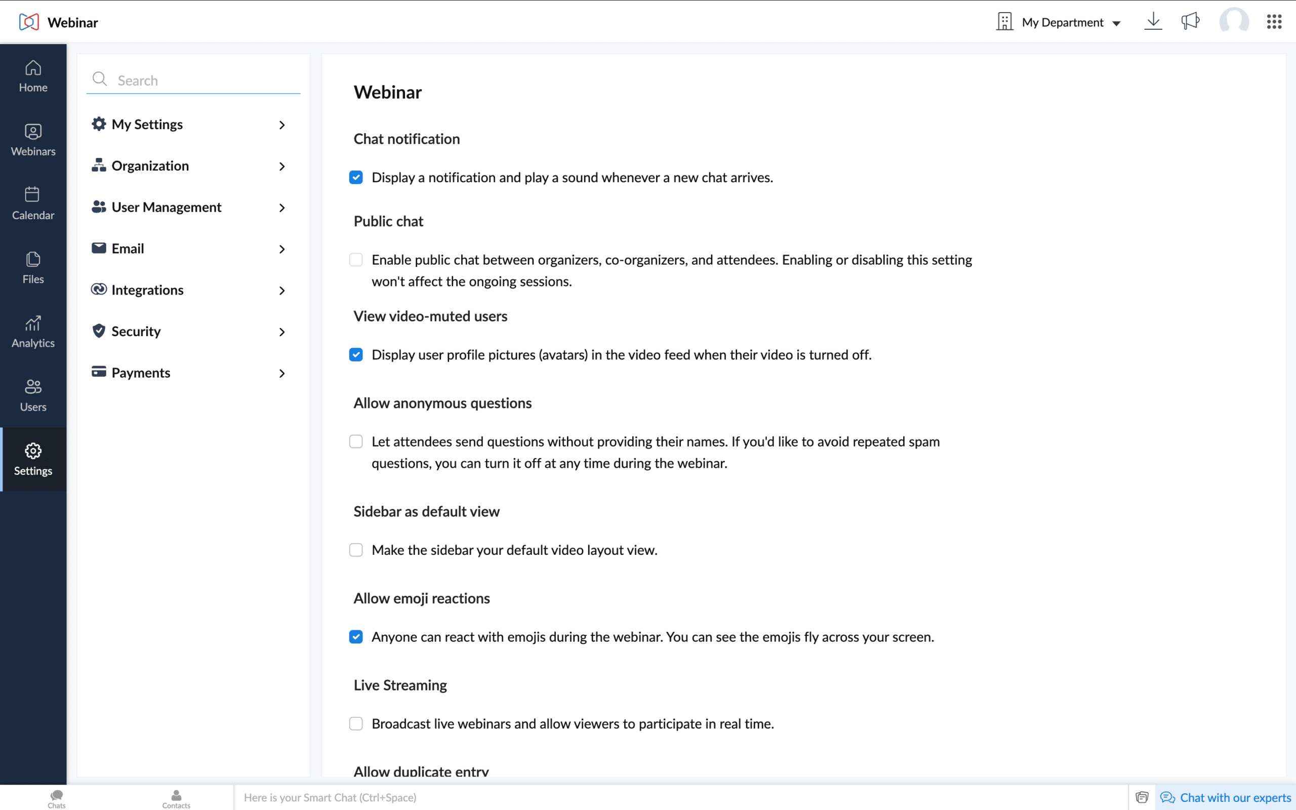 Zoho Webinar settings