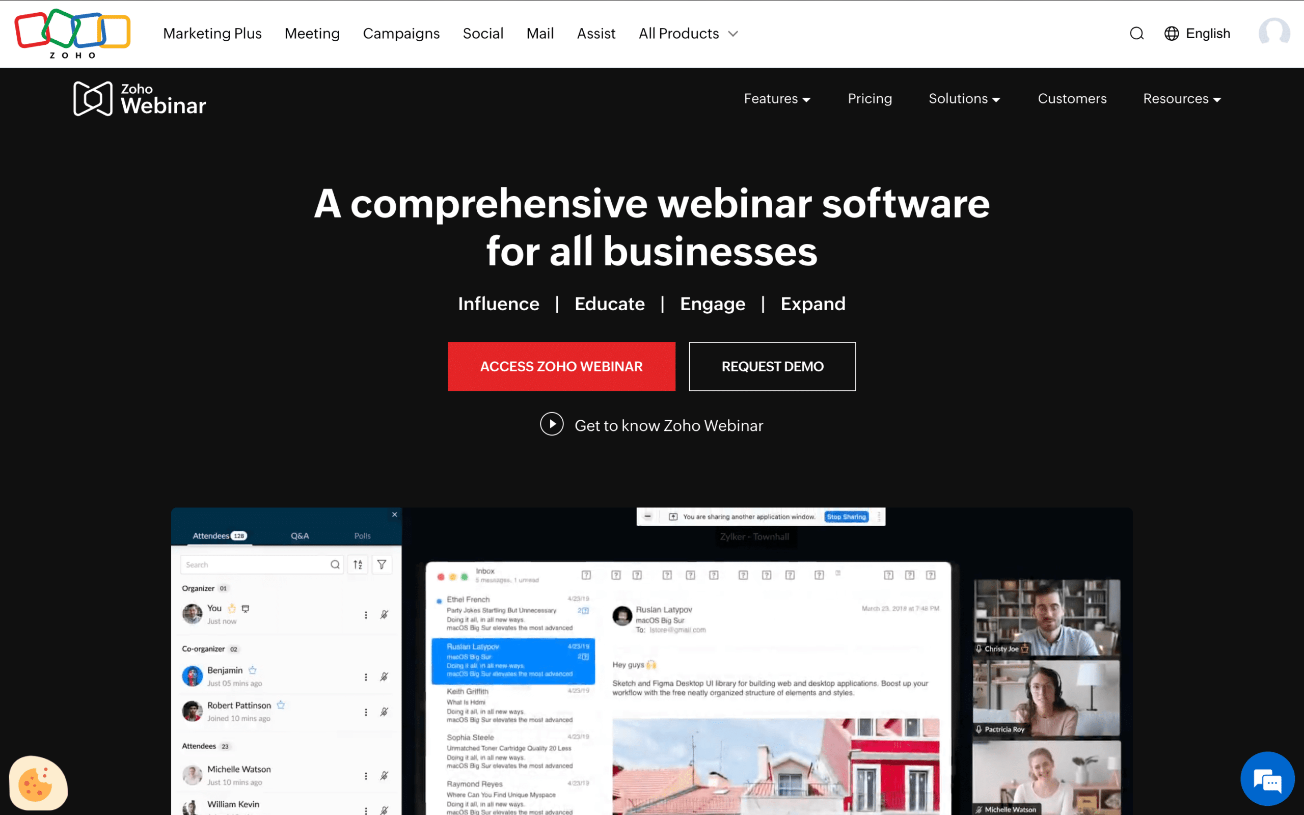Zoho Webinar webpage